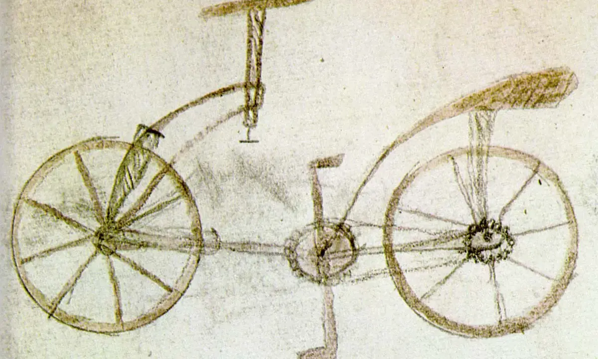 Szkic roweru z napędem łańcuchowym, jeden z wczesnych projektów. Ciekawe fakty o historii roweru.