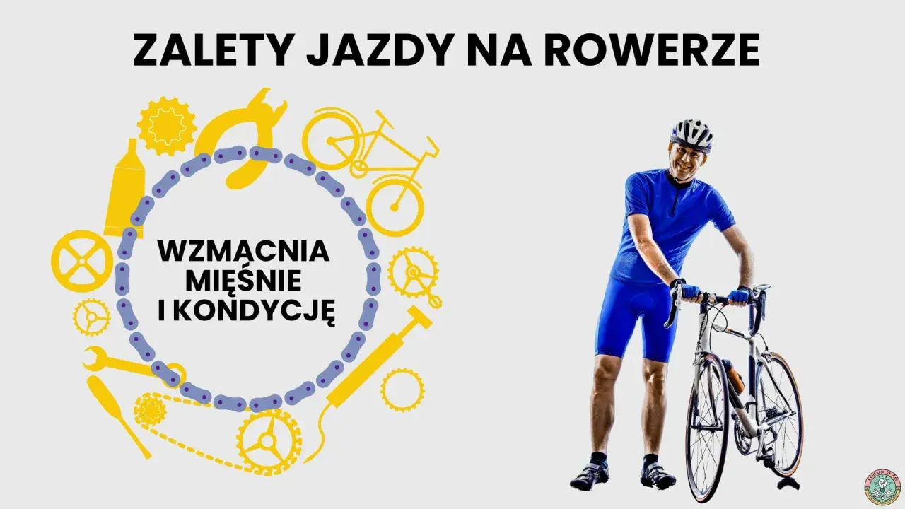 Radosny kolarz w niebieskim stroju i kasku, obok niego rower. Grafika z hasłem "Zalety jazdy na rowerze" i ikonami podkreślającymi korzyści dla mięśni i kondycji. To idealny dzień roweru!