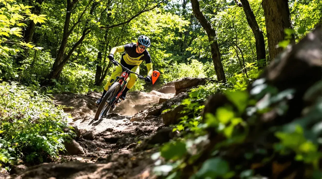 Rowerzysta MTB zjeżdża po kamienistym szlaku. Trudno określić jaka średnia prędkość na rowerze mtb, ale na pewno jest wysoka!