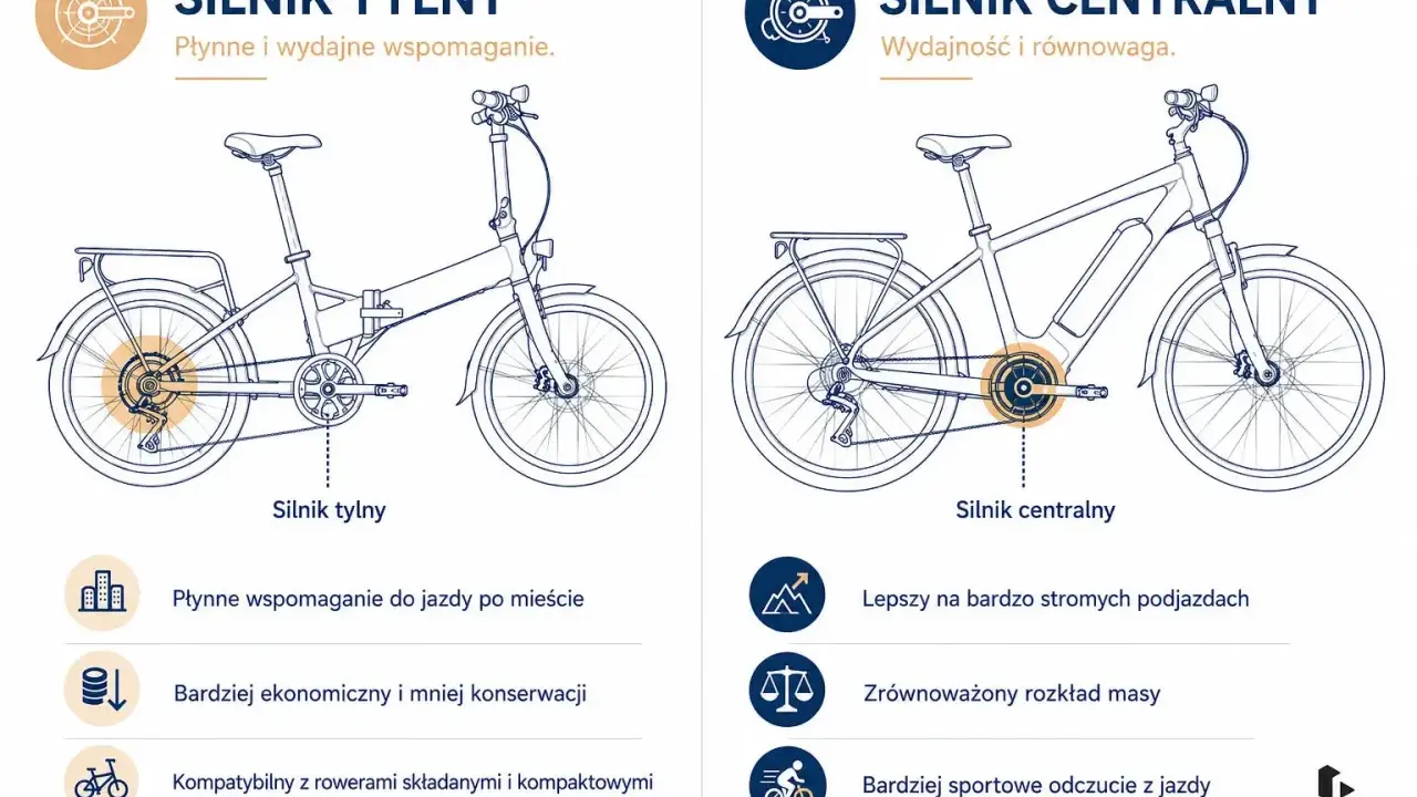 Porównanie: jaki silnik do roweru elektrycznego? Silnik tylny zapewnia płynne wspomaganie, centralny – wydajność i równowagę.