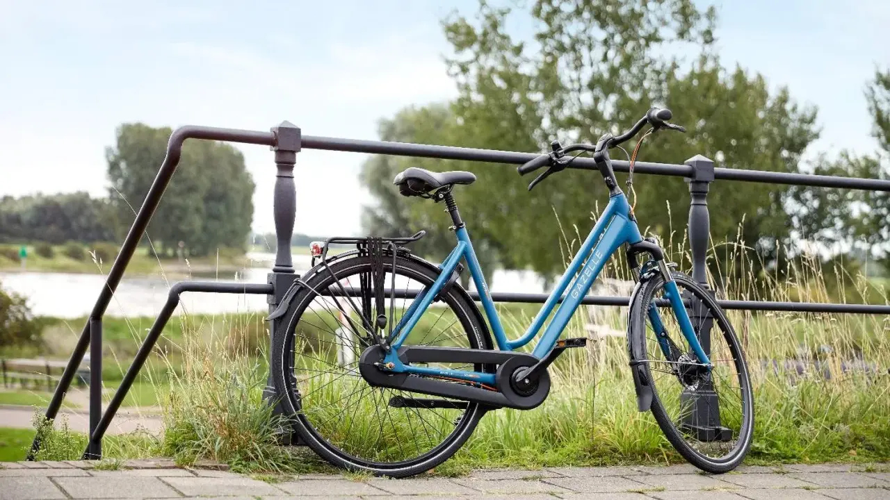 Idealny rower na długie trasy: błękitny Gazelle z bagażnikiem, gotowy na przygodę nad rzeką.