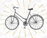 Czarno-biały szkic roweru, być może pierwszy rower na świecie, otoczony złotymi promieniami na teksturowanym tle.