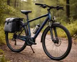 Ciemnoniebieski rower trekkingowy z sakwami i bidonem na leśnej ścieżce. Idealny na wyprawy.