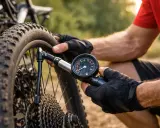Rowerzysta sprawdza ciśnienie w oponach rowerowych za pomocą manometru.