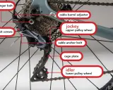 Szczegółowy widok przerzutek do roweru, z zaznaczonymi elementami: śruby, rolki (jockey, idler) i inne części.