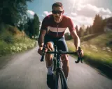 Kolarz w okularach i sportowym stroju pędzi po asfaltowej drodze. Słońce przebija się przez chmury, tworząc dynamiczny trening kolarski plan.