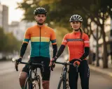 Para rowerzystów w kaskach i strojach kolarskich. Idealny przykład, jak się ubrać na rower, by wyglądać stylowo i czuć się komfortowo.