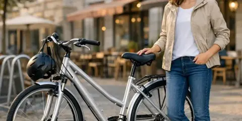 Kobieta z rowerem miejskim. Rama 19 cali na jaki wzrost? Idealna na miejskie wyprawy.