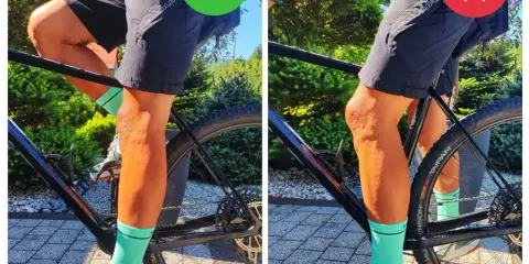 Prawidłowe ustawienie siodełka w rowerze MTB: lekko ugięte kolano w dolnym położeniu pedału. Złe ustawienie: zbyt mocno ugięte kolano.