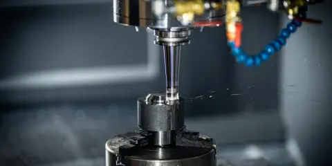 Precyzyjna obróbka metalu na maszynie CNC. Wiertło precyzyjnie pracuje nad elementem, a chłodziwo rozpryskuje się wokół. Sztywne osie maszyny gwarantują dokładność.