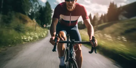 Kolarz w okularach i sportowym stroju pędzi po asfaltowej drodze. Słońce przebija się przez chmury, tworząc dynamiczny trening kolarski plan.