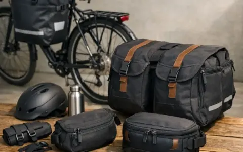 Rowerzysta przygotowuje się do wyprawy, wybierając jakie sakwy rowerowe zabrać. Na stole leżą czarne torby, kask i bidon.