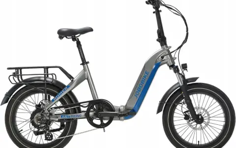Srebrno-niebieski rower elektryczny Jobobike, model Romer. Idealny do miasta i na wycieczki.