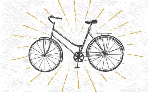 Czarno-biały szkic roweru, być może pierwszy rower na świecie, otoczony złotymi promieniami na teksturowanym tle.