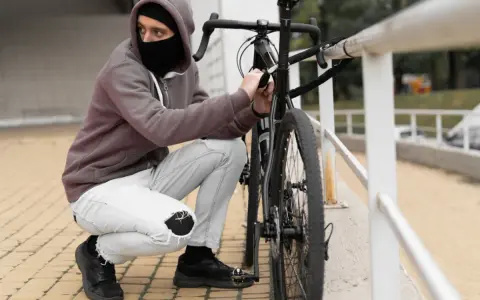 Mężczyzna w masce i kapturze próbuje ukraść rower, odpinając go od poręczy.