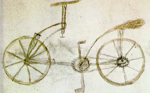 Szkic roweru z napędem łańcuchowym, jeden z wczesnych projektów. Ciekawe fakty o historii roweru.
