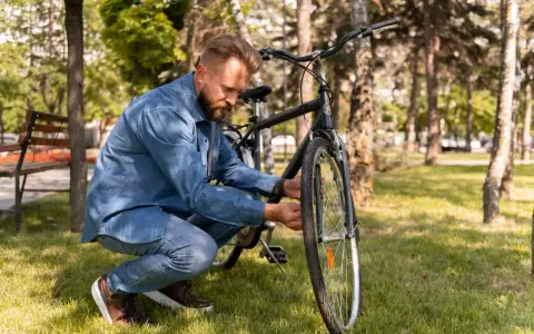 Mężczyzna w dżinsowej koszuli sprawdza rower. Czy rama L będzie odpowiednia na jego wzrost?