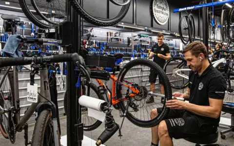 W warsztacie fabryki rowerów mechanik naprawia rower. W tle wiszą rowery i narzędzia.