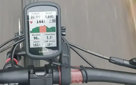 Na rowerze zamontowany licznik Garmin pokazuje dane treningowe: prędkość 20 km/h, dystans 4.69 km, tętno 144 bpm. Analiza stref tętna kolarstwo jest kluczowa.