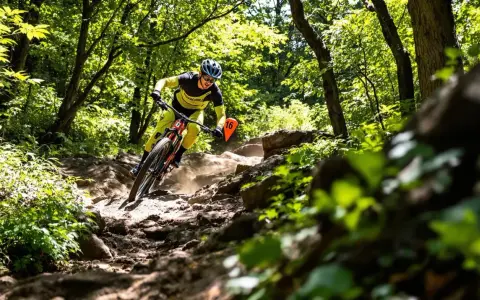 Rowerzysta MTB zjeżdża po kamienistym szlaku. Trudno określić jaka średnia prędkość na rowerze mtb, ale na pewno jest wysoka!