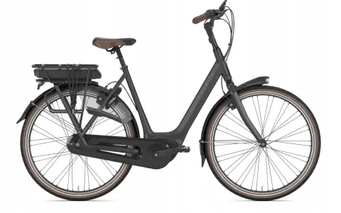 Czarny rower elektryczny Gazelle z bagażnikiem i baterią. Rozmiar ramy 53 cm, idealny dla osób o wzroście ok. 170-180 cm.