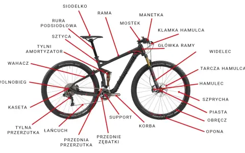 Schemat budowy roweru górskiego z oznaczeniami: rama, siodełko, widelec, hamulce, przerzutki, koła i inne części.