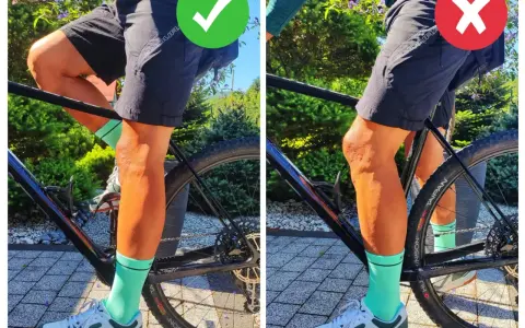 Prawidłowe ustawienie siodełka w rowerze MTB: lekko ugięte kolano w dolnym położeniu pedału. Złe ustawienie: zbyt mocno ugięte kolano.