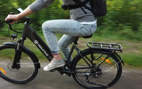 Osoba na rowerze Molicyle, który wygląda jak rower miejski czy trekkingowy, jedzie po ścieżce wśród zieleni.