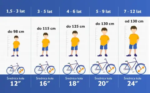 Tabela podpowiada, jak dopasować rower do wzrostu dziecka, od 1,5 do 12 lat, z podziałem na wiek i wzrost.