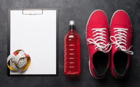 Tabela węglowodanów w produktach, miarka krawiecka, czerwony napój izotoniczny i buty sportowe.