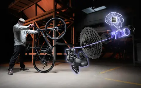 Mężczyzna z rowerem, obok którego widać zaawansowany napęd z mózgiem AI. To pokazuje, co to za firma Unibike – innowacje w rowerach.
