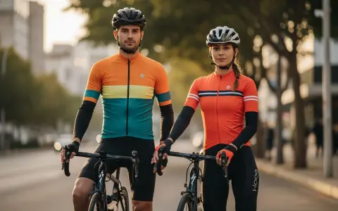 Para rowerzystów w kaskach i strojach kolarskich. Idealny przykład, jak się ubrać na rower, by wyglądać stylowo i czuć się komfortowo.