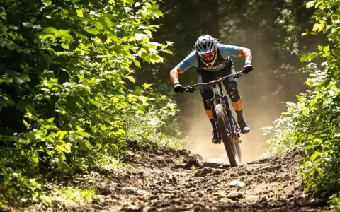 Kolarz MTB w pełnym skupieniu, z zachowaniem prawidłowej pozycji na rowerze, zjeżdża po kamienistym szlaku, wzbijając tumany kurzu.