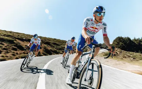 Kolarze jadący w peletonie, pokonując kolejne kilometry Tour de France. Słońce i błękitne niebo towarzyszą im w wyścigu.