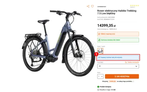 Błękitny rower elektryczny Haibike Trekking 7.5 Low. Pomoc w wyborze, jaki rower dla mężczyzny 180 cm wzrostu, znajduje się w opcji "Dopasuj rozmiar ramy do wzrostu".