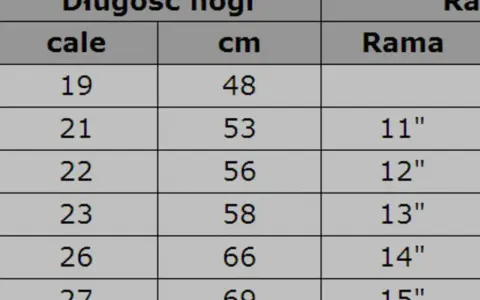 Tabela rozmiarów: rama 13 cali na jaki wzrost? Długość nogi w cm: 58, w calach: 23.