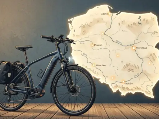 Czy rower elektryczny jest pojazdem mechanicznym? Ten rower z sakwami na tle mapy Polski sugeruje podróż po kraju.