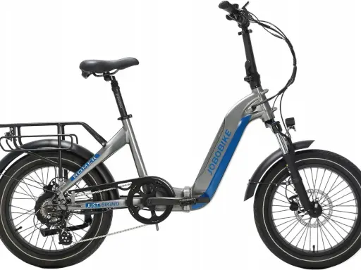 Srebrno-niebieski rower elektryczny Jobobike, model Romer. Idealny do miasta i na wycieczki.