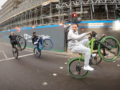 Młodzi mężczyźni wykonują **jazdę na jednym kole** na rowerach, mijając plac budowy. Jeden z nich, w szarym dresie, robi to na zielonym rowerze.