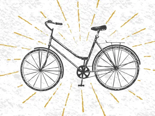 Czarno-biały szkic roweru, być może pierwszy rower na świecie, otoczony złotymi promieniami na teksturowanym tle.