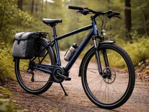 Ciemnoniebieski rower trekkingowy z sakwami i bidonem na leśnej ścieżce. Idealny na wyprawy.