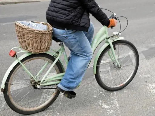 Osoba na rowerze z koszykiem pełnym ubrań wykonuje przejazd rowerem przez pasy.