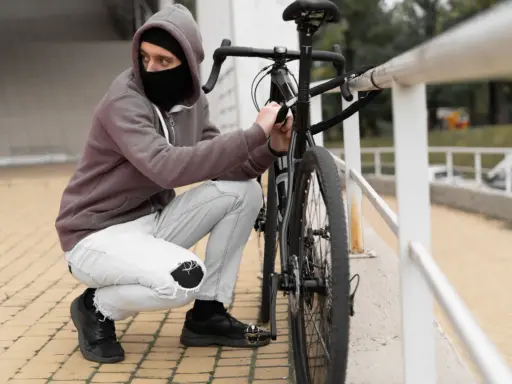 Mężczyzna w masce i kapturze próbuje ukraść rower, odpinając go od poręczy.