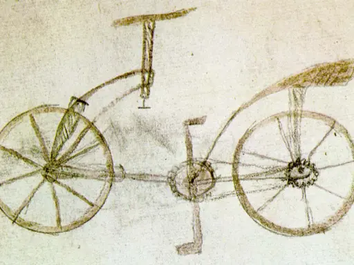 Szkic roweru z napędem łańcuchowym, jeden z wczesnych projektów. Ciekawe fakty o historii roweru.