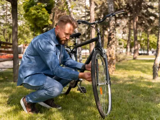 Mężczyzna w dżinsowej koszuli sprawdza rower. Czy rama L będzie odpowiednia na jego wzrost?