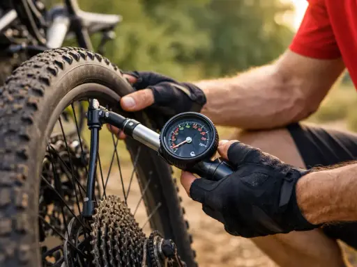 Rowerzysta sprawdza ciśnienie w oponach rowerowych za pomocą manometru.
