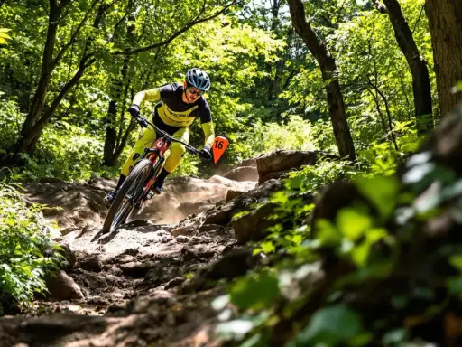 Rowerzysta MTB zjeżdża po kamienistym szlaku. Trudno określić jaka średnia prędkość na rowerze mtb, ale na pewno jest wysoka!