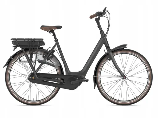 Czarny rower elektryczny Gazelle z bagażnikiem i baterią. Rozmiar ramy 53 cm, idealny dla osób o wzroście ok. 170-180 cm.