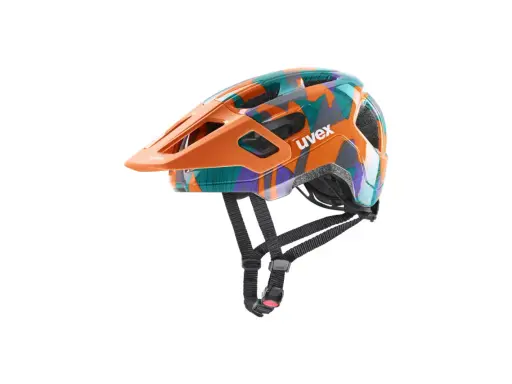 Kask rowerowy Uvex w rozmiarze 52-56 cm, idealny dla dziecka w wieku około 5-8 lat. Wielokolorowy, z pomarańczowym daszkiem.