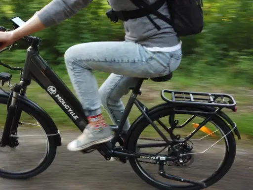 Osoba na rowerze Molicyle, który wygląda jak rower miejski czy trekkingowy, jedzie po ścieżce wśród zieleni.